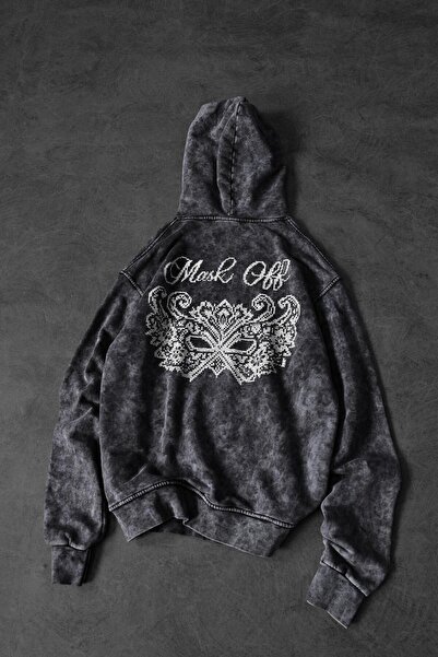 Slatra Ανδρικό φούτερ με κουκούλα, κεντημένο με μάσκα ανθρακί, ειδικό πλυμένο, oversize