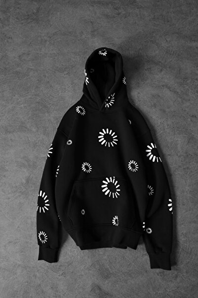 Slatra Men's Black Geometric Embossed Print Oversize Hooded Sweatshirt