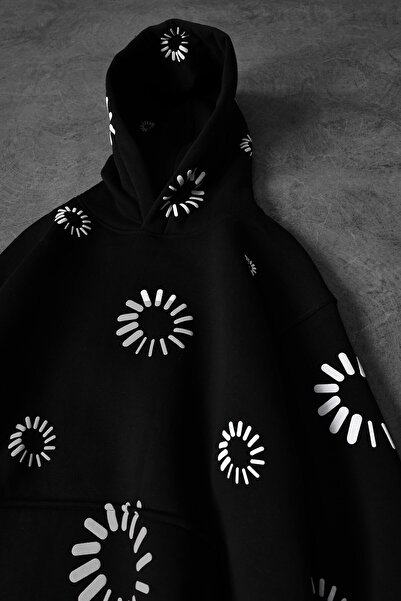 Slatra Men's Black Geometric Embossed Print Oversize Hooded Sweatshirt