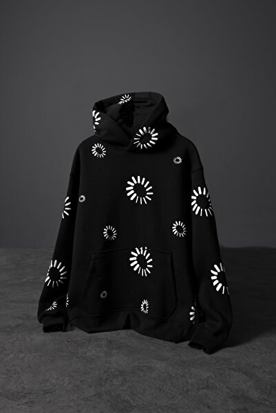 Slatra Men's Black Geometric Embossed Print Oversize Hooded Sweatshirt