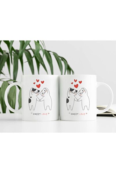 MODA كوب بورسلين مطبوع بتصميم عيد الحب مكون من قطعتين من Dear Cats