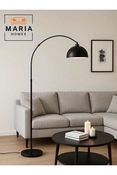 MARIA HOMES Modern Black Arc Floor Lamp with Dome Shade – Minimalist Standing Light