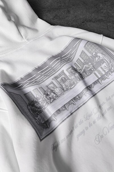Slatra Men's White Da Vinci Embossed Printed Oversize Hooded Sweatshirt