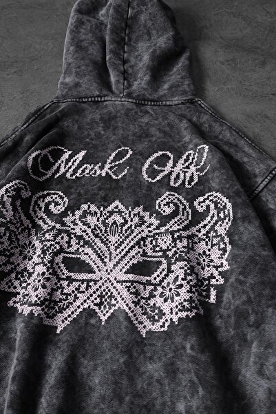 Slatra Ανδρικό φούτερ με κουκούλα, κεντημένο με μάσκα ανθρακί, ειδικό πλυμένο, oversize