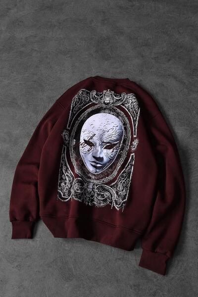 Slatra Erkek Bordo İndefinite Nakışlı Oversize Sweatshirt