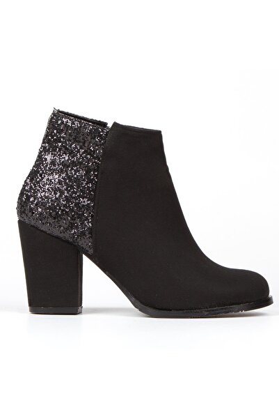 BERFONA Starly Siyah Lüks Süet Arka Detaylı Topuklu Bot Bottie