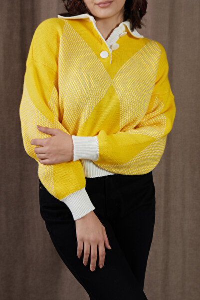Caddebostan Moda Tricotaj cu guler polo cu model baklava Pulover galben-alb cu detaliu cu nasturi