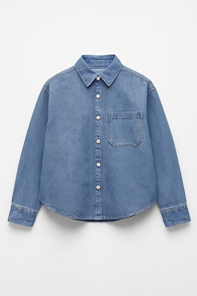 La ciel Paris Hei Unisex Çocuk Mavi Dokuma Denim Jeans Uzun Kollu Günlük Kot Gömlek