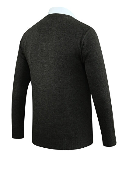 Çizgi Triko Men's V-Neck Knitwear Dark Gray Sweater Steel Knit Pattern Classic Fit