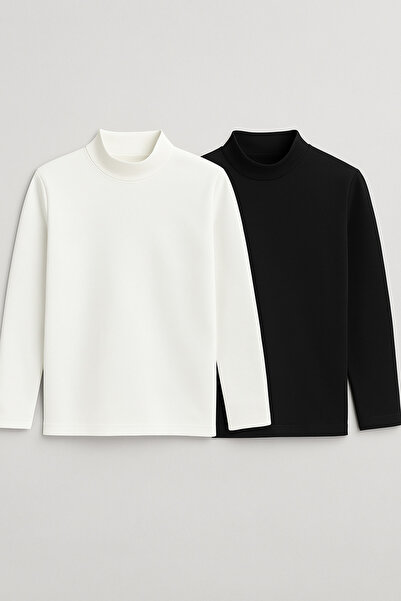 mini kanka 2 Adet Çocuk Basic Fit Yarım Balıkçı Yaka Termal Sweatshirt Siyah, Beyaz, Gri, Krem 2 Li Set Unısex