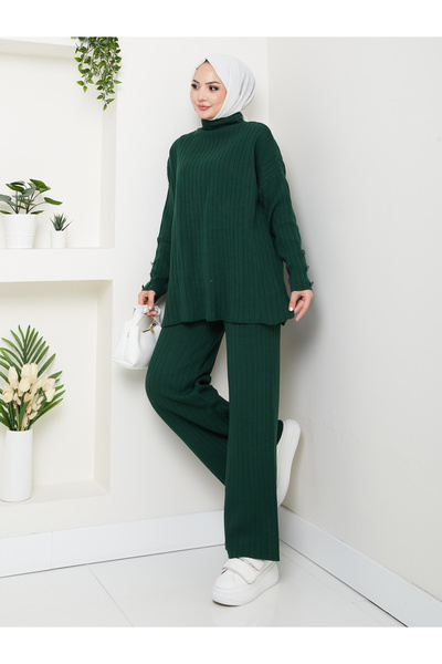 MY QILAM Women's Hijab Top and Bottom Set Ribbed Stand Collar Sleeves Button Detail Knitwear Set Camel