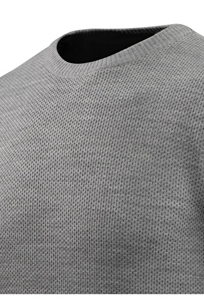 Çizgi Triko Men's Crew Neck Gray Sweater Knitwear Honeycomb Knit Solid Color Classic Fit