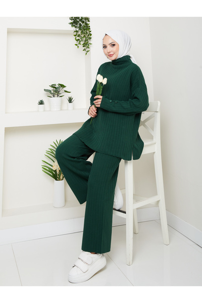 MY QILAM Women's Hijab Top and Bottom Set Ribbed Stand Collar Sleeves Button Detail Knitwear Set Camel