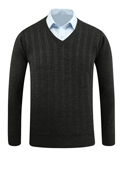 Çizgi Triko Men's V-Neck Knitwear Dark Gray Sweater Steel Knit Pattern Classic Fit