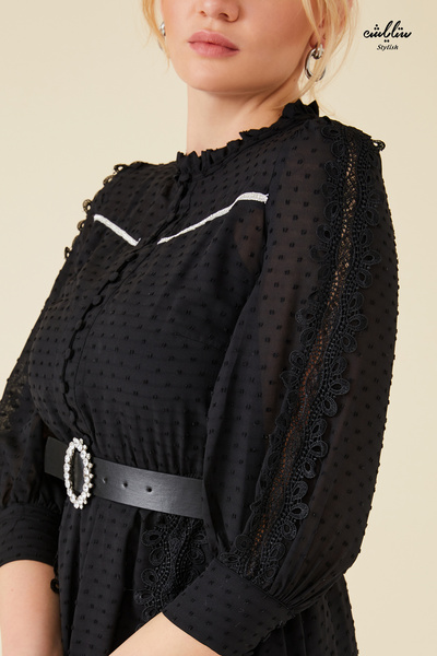Stylish Black midi dress with belt and buttons at the front