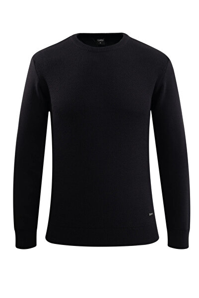 Çizgi Triko سترة رجالية بياقة دائرية باللون الأزرق الداكن، تريكو بنسيج خلية ا...