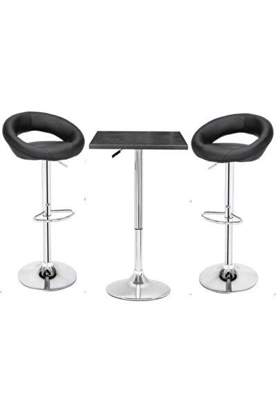 AWF AL WADI FURNITURE Nifo 3 Piece Adjustable Square Mdf Wood Bar Table Set With 2 Pu Leather Round Bar Chairs, Black