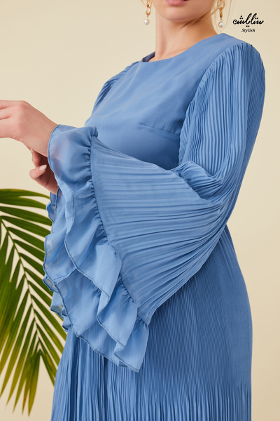Stylish Long sky blue dress with pleats and belt