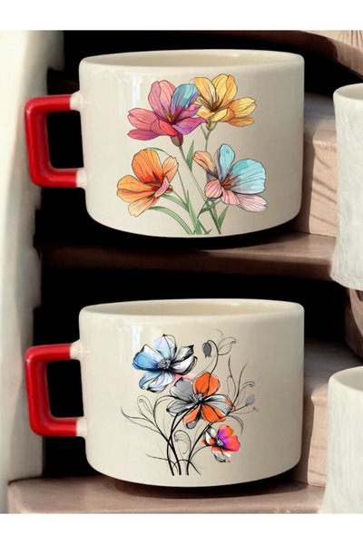 lili hediyelik Gorgeous Flowers Printed 2-Piece Coffee Cup Ceramic Mug - Ceramic Tea, Coffee Gift