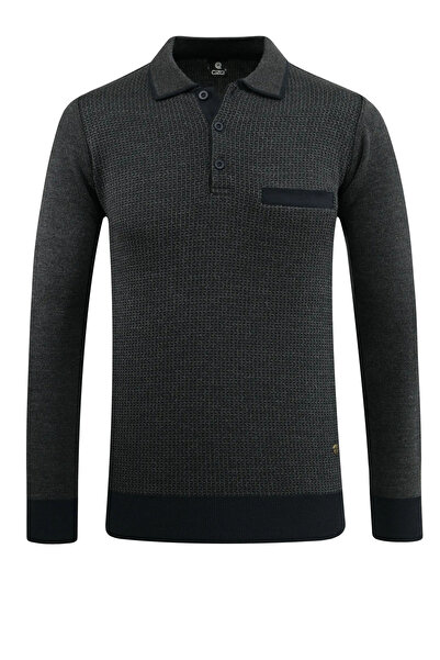 Çizgi Triko Мъжки пуловер с висока яка в тъмносин цвят с джобове, с мотиви от стомана, класическа кройка