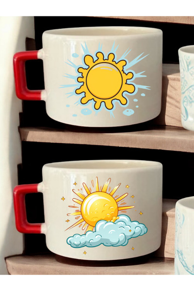lili hediyelik Sun Cloud Drawing Printed 2-Piece Coffee Cup Ceramic Mug - Ceramic Tea, Coffee Gift