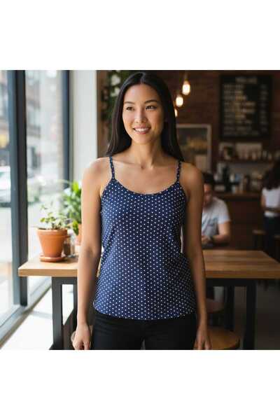 ESTA STORE Navy Blue and White Polka Dot Strap Tank Top
