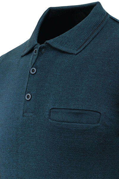 Çizgi Triko Ανδρικό πλεκτό πουλόβερ με λαιμόκοψη πόλο με τσέπες από ατσάλινο πλέγμα κλασικής εφαρμογής