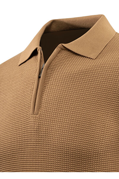 Çizgi Triko Ανδρικό πλεκτό πουλόβερ με φερμουάρ με λαιμόκοψη πόλο με ανάγλυφο πλέγμα μονόχρωμο κλασικό κορμάκι