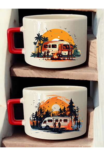 lili hediyelik Camping Drawing Printed 2-Piece Coffee Cup Ceramic Mug - Teacher's Day Gift, Gift for Teacher