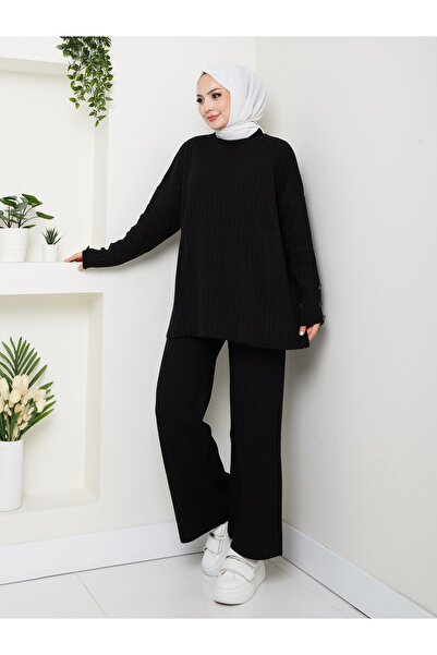 MY QILAM Γυναικείο Σετ Μαντίλι Χιτζάμπ Κορυφαίο και Κάτω Μέρος Πλεκτό Σετ με Κορδόνια Κορυφαίο γιακά Μανίκια με Λεπτομέρεια με Κουμπιά Πλεκτό Σετ Camel