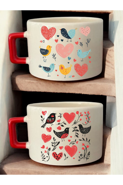 lili hediyelik Hearts Birds Printed 2-Piece Coffee Cup Ceramic Mug - Ceramic Tea, Coffee Gift