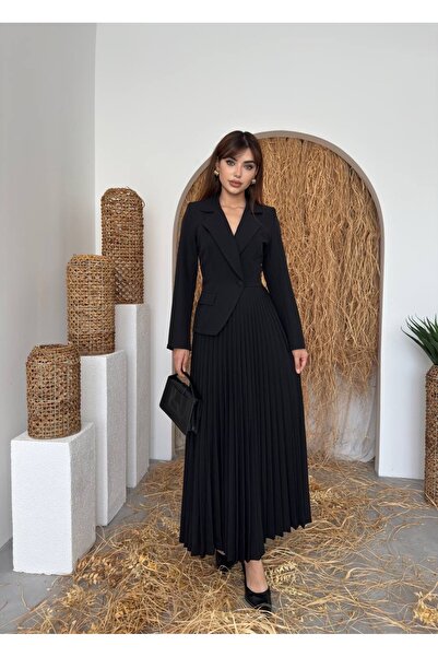 ETİKAFASHION Ceket Yaka Piliseli Tasarım Elbise