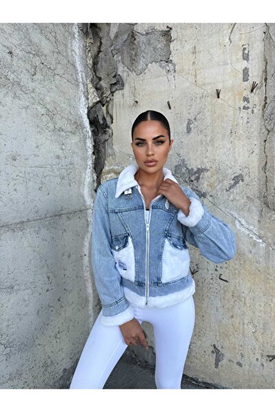 mafdress Palton de damă cu blană albastră și detaliu de buzunar