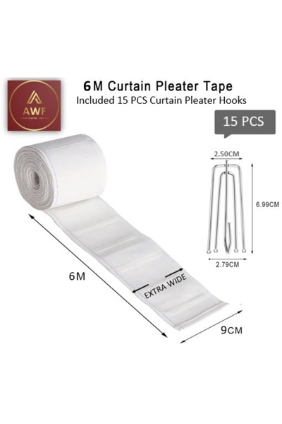AWF AL WADI FURNITURE Shuff 6 Meters Extra Wide Heavy Duty Curtain Pleat Tape & 15 Pcs Stainless 4 Prongs Hooks