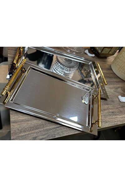 hediye Esterhomedecor 2-Piece Gold Handle Stainless Steel Tea Tray 48*33cm 37*23cm