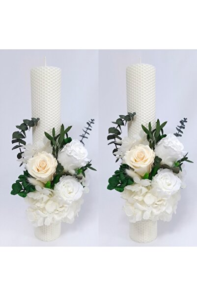 OEM Wedding Wax Candles with Preserved Roses and Flowers H35/D6 cm, White