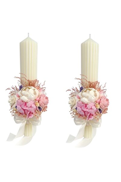 OEM Set 2 lumânări de nuntă decorate cu flori ming, hortensii conservate și flori conservate uscate
