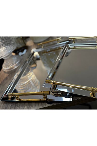 hediye Esterhomedecor 2-Piece Gold Handle Stainless Steel Tea Tray 48*33cm 37*23cm