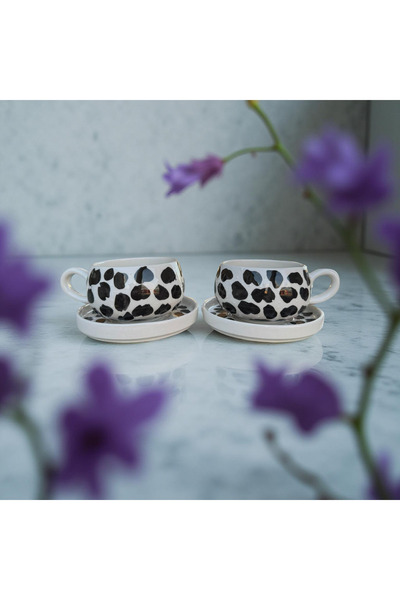 Çiporcal Beren Black Dalmatian Mug Set with 2 Plates and Hand Decoration