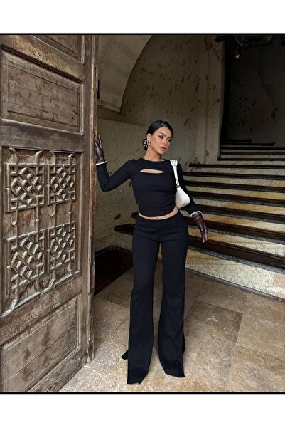 Genel Markalar Pencere Detay Bluz Bol Paça Yırtmaçlı Pantolonlu Takım