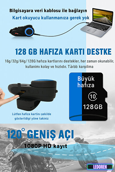 L'eDoren Yeni Sürüm Maxto M3 intercom 360 Derece Dönen Kask Klipsli Kameralı Motosiklet Kask İntercomu