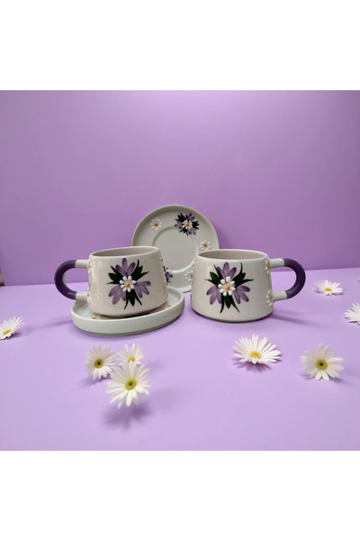Çiporcal Classic Lilac Crocus Flower 2-Piece Mug Set with Saucer Hand-Decorated