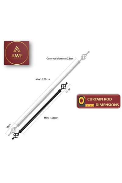 AWF AL WADI FURNITURE Set of 2 Roman Extendable Window Curtain Rods, Metal Single Rods Drapery Rods BLACK, 110 – 200 cm