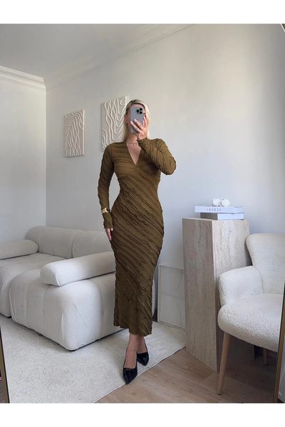 Zora Butik V Yaka Ters Dikiş Elbise - HAKİ