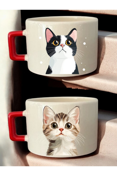 lili hediyelik Sweet Cat Printed 2-Piece Coffee Cup Ceramic Mug - Teacher's Day Gift, Gift for Teacher