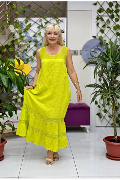 MADE İN ITALY İtalyan Eteği Pul ve Dantel Keten Elbise