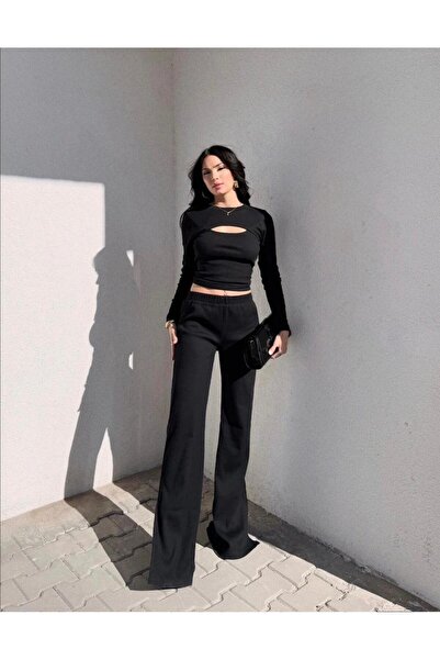 Genel Markalar Pencere Detay Bluz Bol Paça Yırtmaçlı Pantolonlu Takım