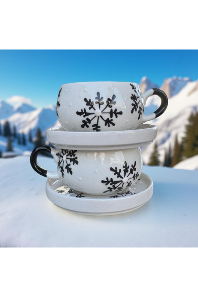 Çiporcal Beren Black Snowflake Mug Set of 2 with Saucers Hand Decor