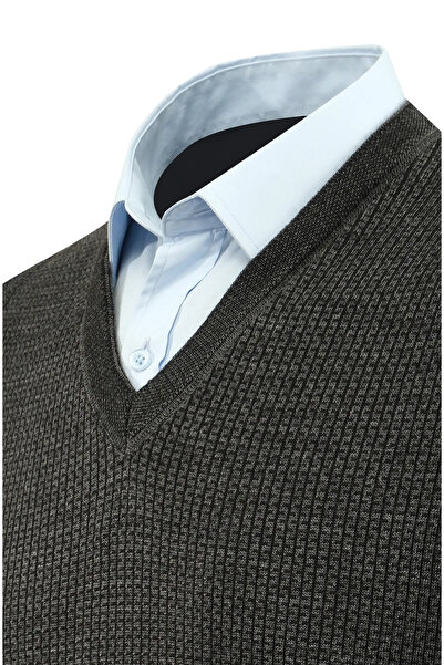 Çizgi Triko Men's V-Neck Sweater Patterned Steel Knitting Classic Pattern - 5208H