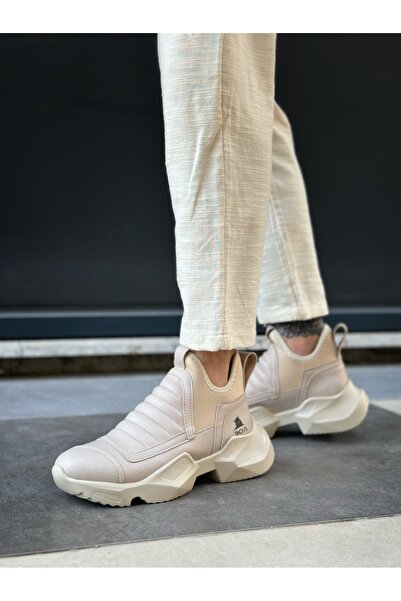 TUGERDİ Cream Laceless Comfortable High Sole Style Sports Half Ankle Men's Boots Tge230551